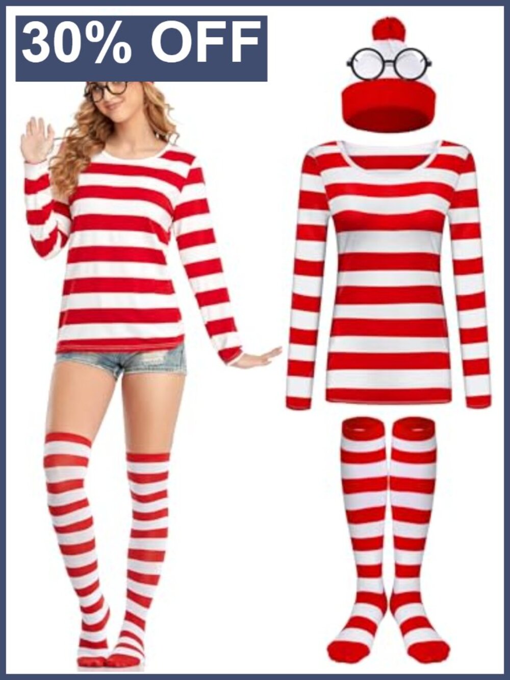 Halloween Costume Set Red White Striped Top Beanie Socks Glasses Cosplay